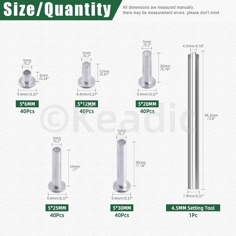 Keadic 201Pcs M5 Aluminum Flat Head Semi-Tubular Rivets Assortment Set, M5 x 6/12/20/25/30mm Silver Tone Metal Stud Fasteners for Leather Household Automobile Industry - Image 2